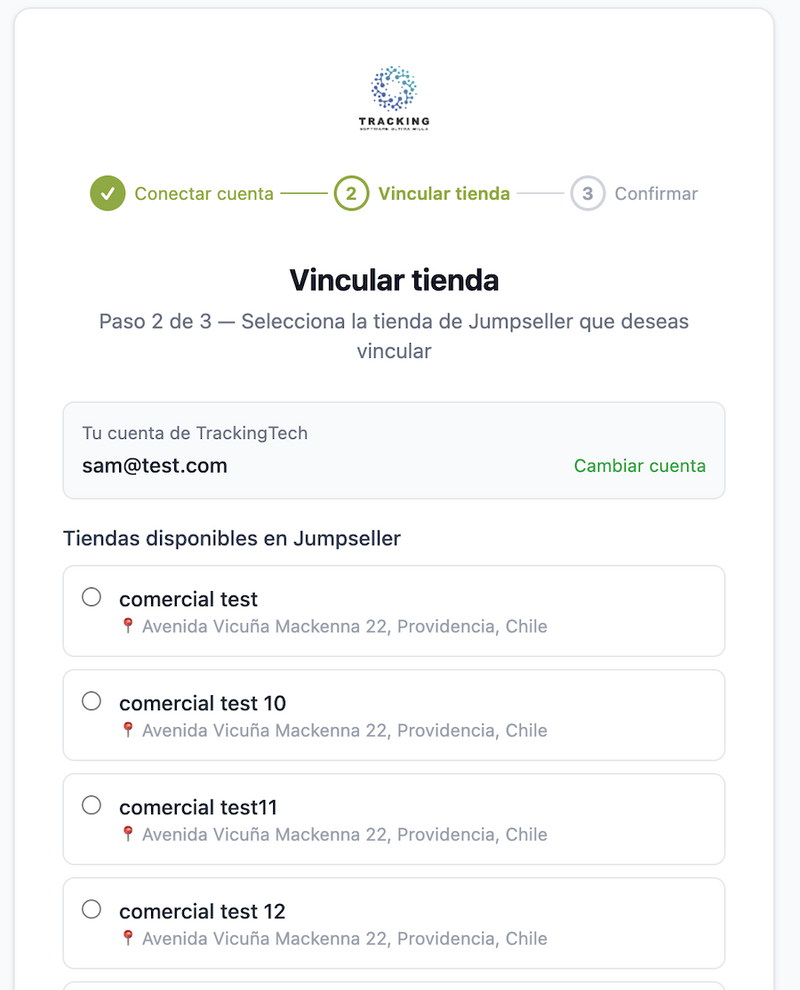 Selección de la tienda a vincular