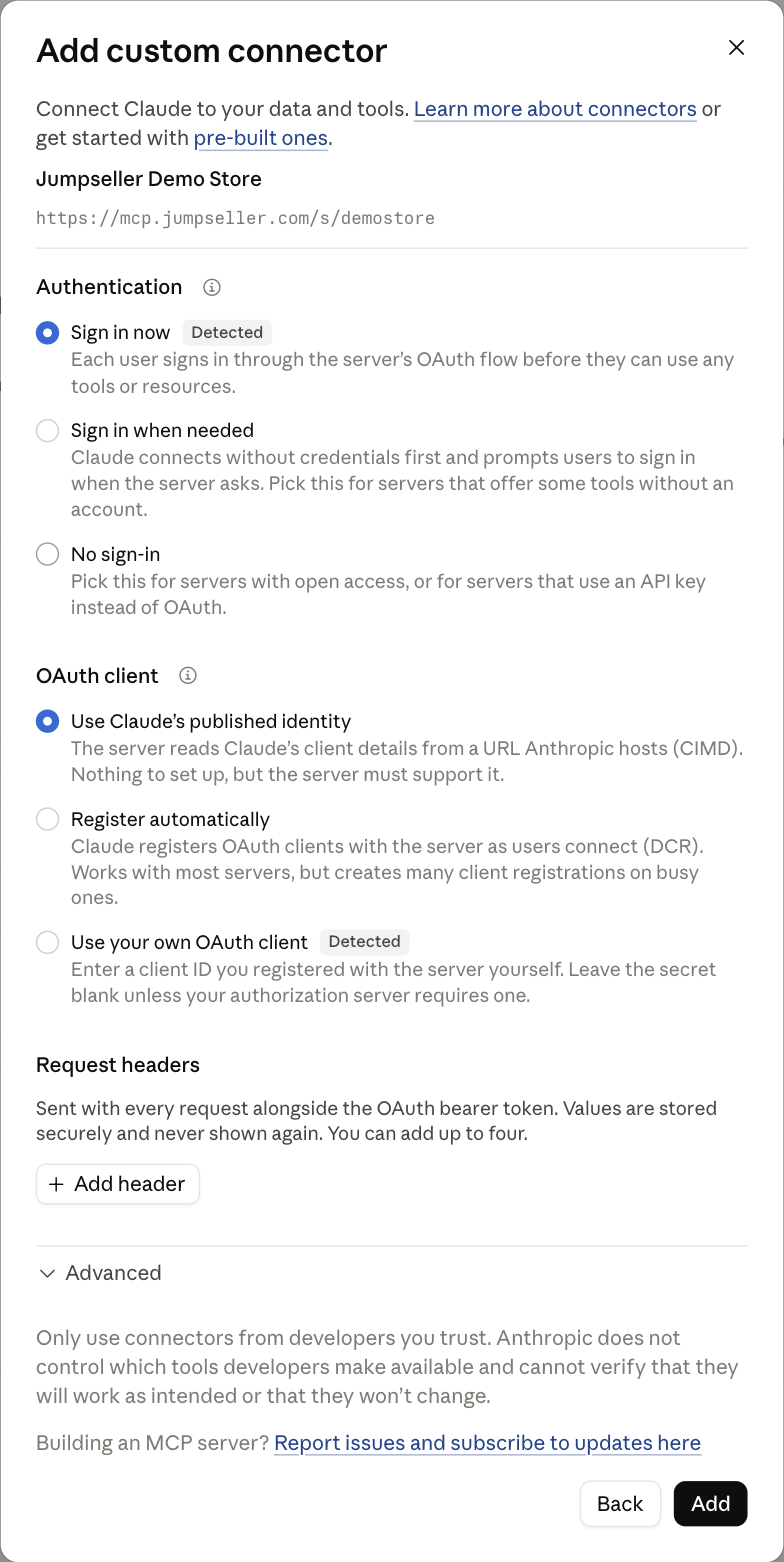 Sign in now y Use Claude's published identity seleccionados