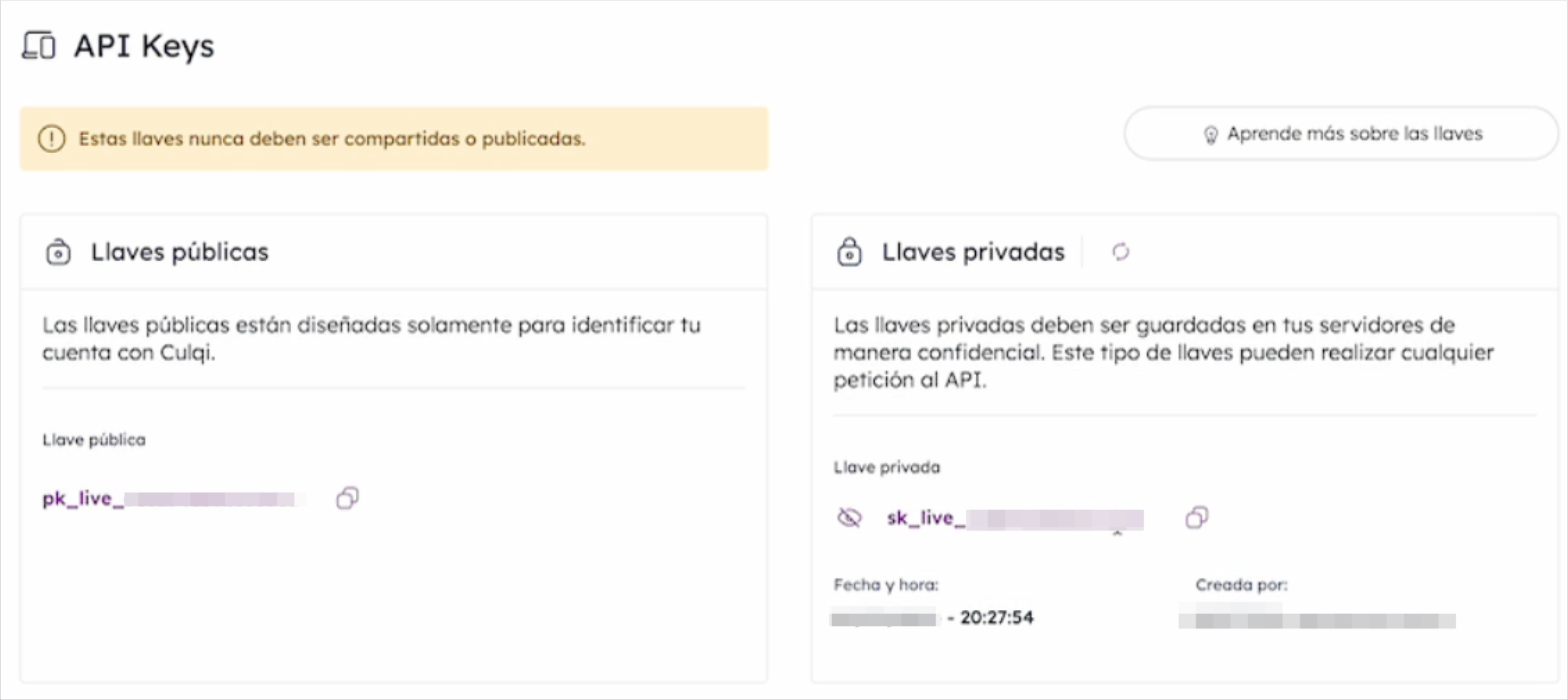 Llave privada Culqi Api Keys