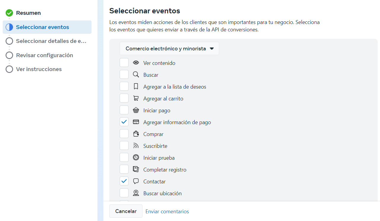 seleccionar eventos