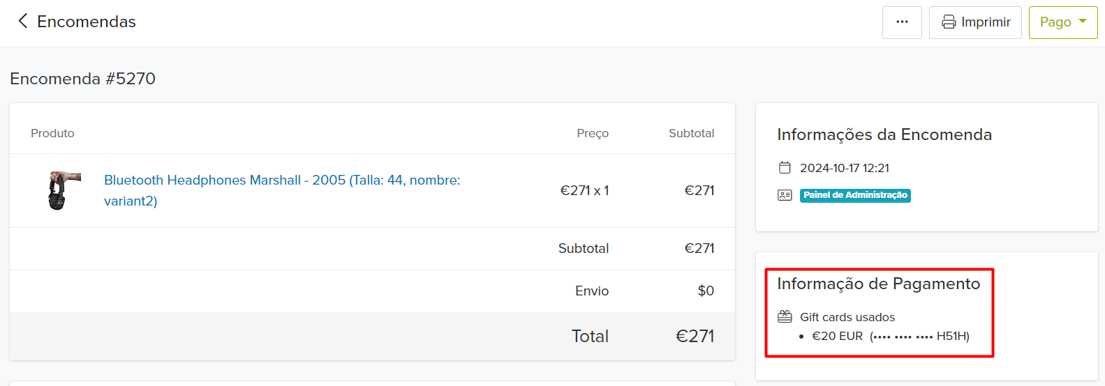 detalhes da encomenda