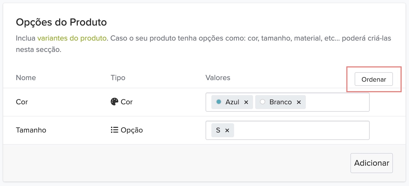 ordenar opções