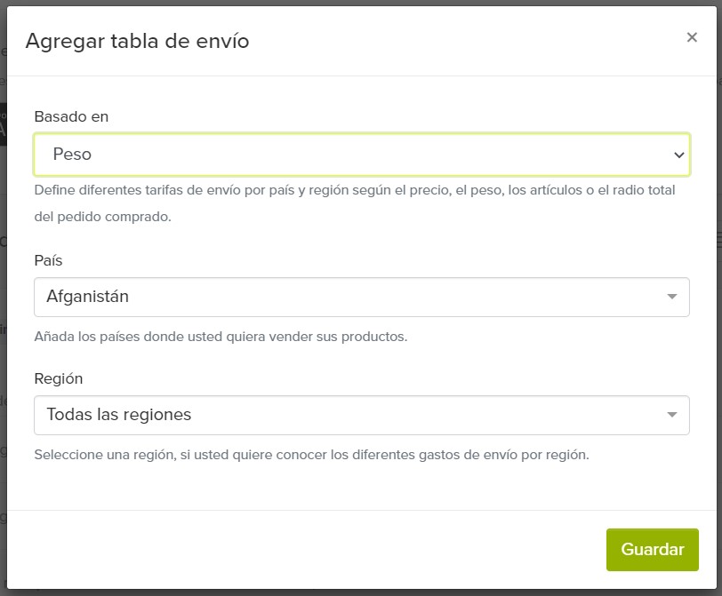 Tabla de preços